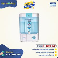 Kent Pearl RO water purifier banner featuring a 24V DC booster pump voltage, 60W power consumption, and 8L storage capacity.