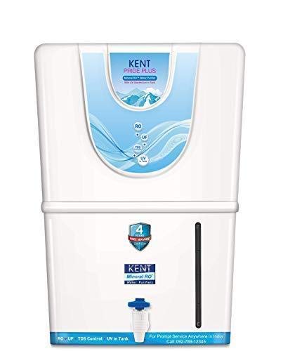 Kent Pride Plus wall mountable water purifier in white featuring mineral RO, UF, UV tech, blue graphic display panel, and water level indicator.