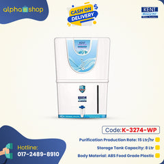 Kent Pride Plus water purifier banner featuring a 15 Ltr/hr production rate, 8 Ltr storage tank, and ABS food grade plastic body material.