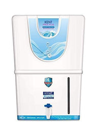 Kent Pride Plus wall mountable water purifier in white featuring mineral RO, UF, UV tech, blue graphic display panel, and water level indicator.