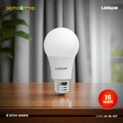 LK Sign 15W E27 LED light bulb with standard E27 screw base and white diffuser, model LK-BL-E27.