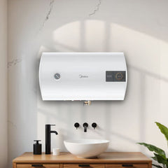 Midea 100L white storage water heater with horizontal wall-mounted design, temperature gauge and control panel.
