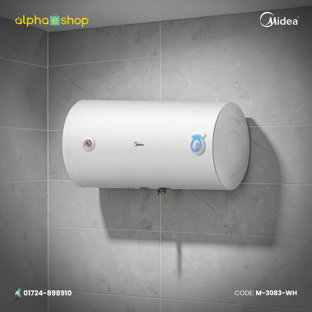 Midea 30L white storage water heater with horizontal wall-mounted design, temperature gauge and control dial.