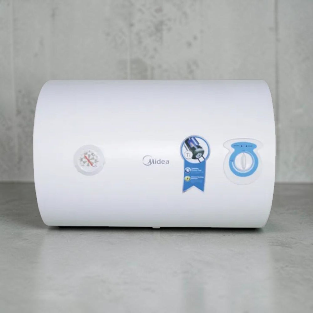 Midea 40L white storage water heater with horizontal design, temperature gauge and control dial.