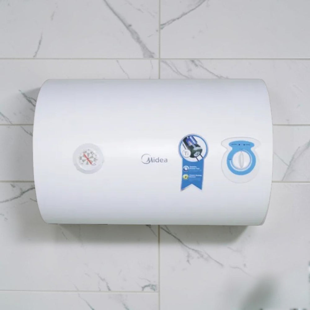 Midea 50L white storage water heater with horizontal wall-mounted design, temperature gauge and control dial.