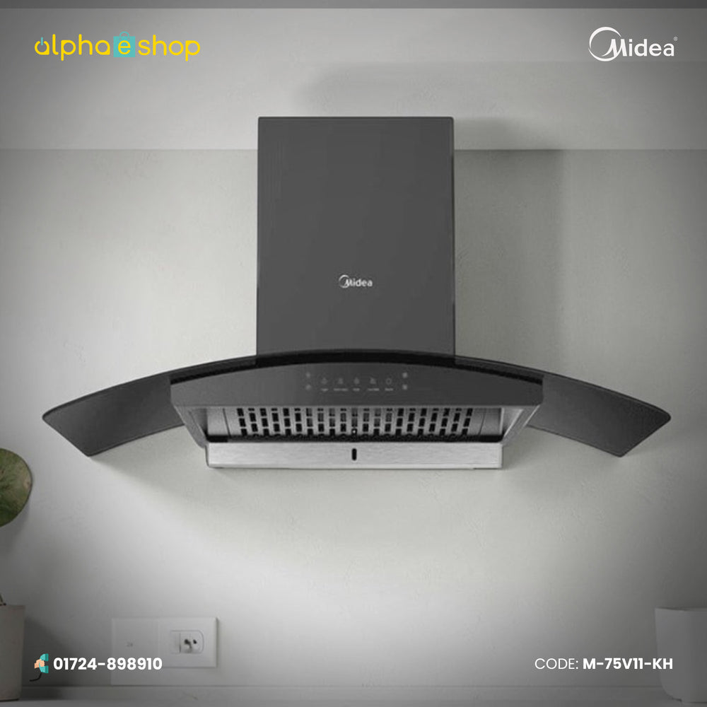 Midea 75V11 30-inch kitchen hood with strong air suction, thermal auto clean, curved glass canopy and touch controls.