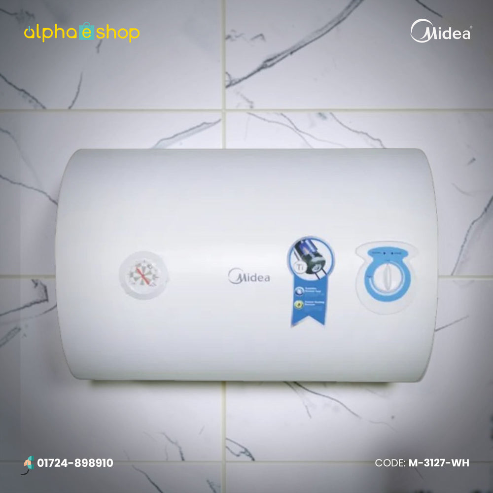 Midea 80L white storage water heater with horizontal wall-mounted design, temperature gauge and control dial.