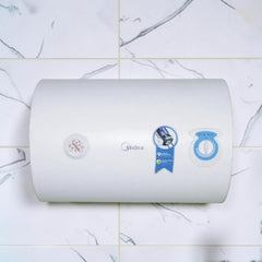 Midea 80L white storage water heater with horizontal wall-mounted design, temperature gauge and control dial.