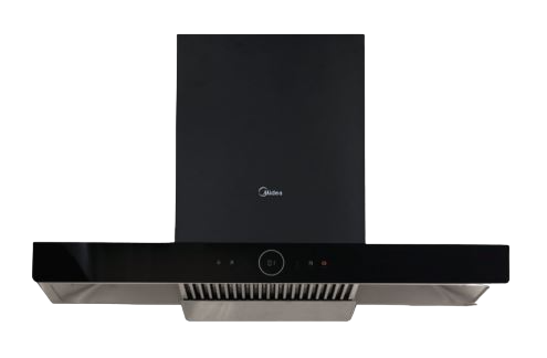 Midea 90J63 36-inch black steam wash cooker hood with chimney design, touch controls and metal filter, model M-1357-KH.