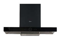 Midea 90J63 36-inch black steam wash cooker hood with chimney design, touch controls and metal filter, model M-1357-KH.