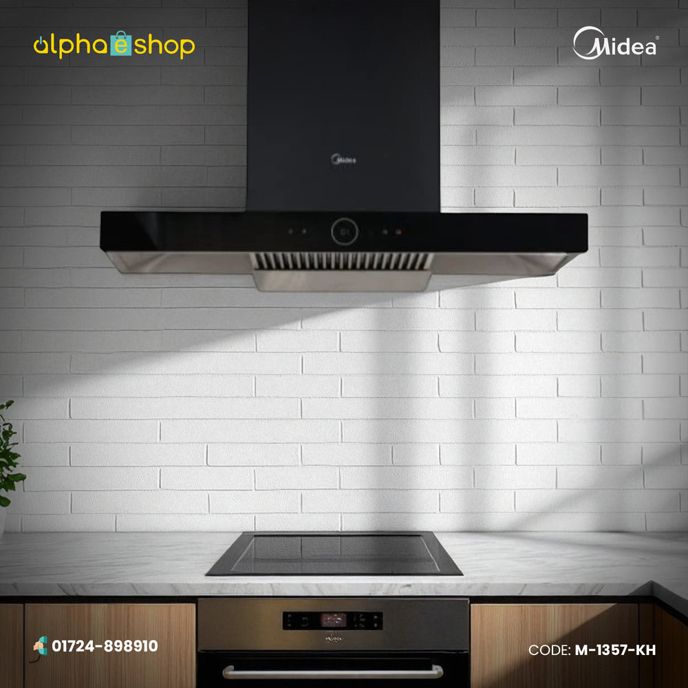 Midea 90J63 36-inch steam wash cooker hood in black. High-performance kitchen ventilation available at Alphaeshop.