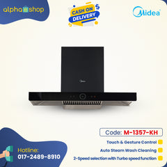 Midea 90J63 36-inch steam wash cooker hood in black, featuring touch and gesture control, auto steam wash, and 2-speed turbo function.