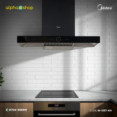 Midea 90J63 36-inch steam wash cooker hood in black. High-performance kitchen ventilation available at Alphaeshop.