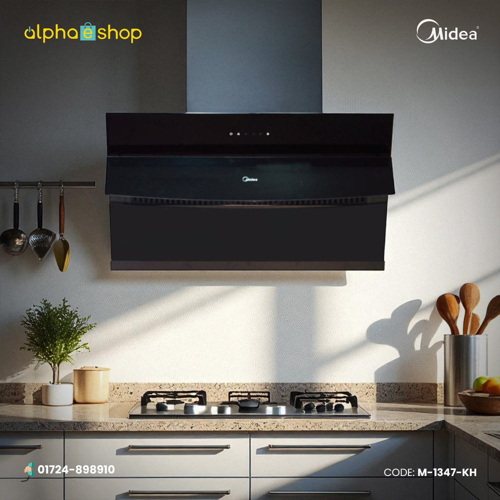 Midea B87 36-inch heat auto clean cooker hood in black. High-efficiency kitchen ventilation available at Alphaeshop.