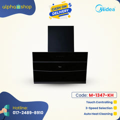 Midea B87 36-inch heat auto clean cooker hood in black, featuring touch controls, 3-speed selection, and auto heat cleaning. Available at Alphaeshop.