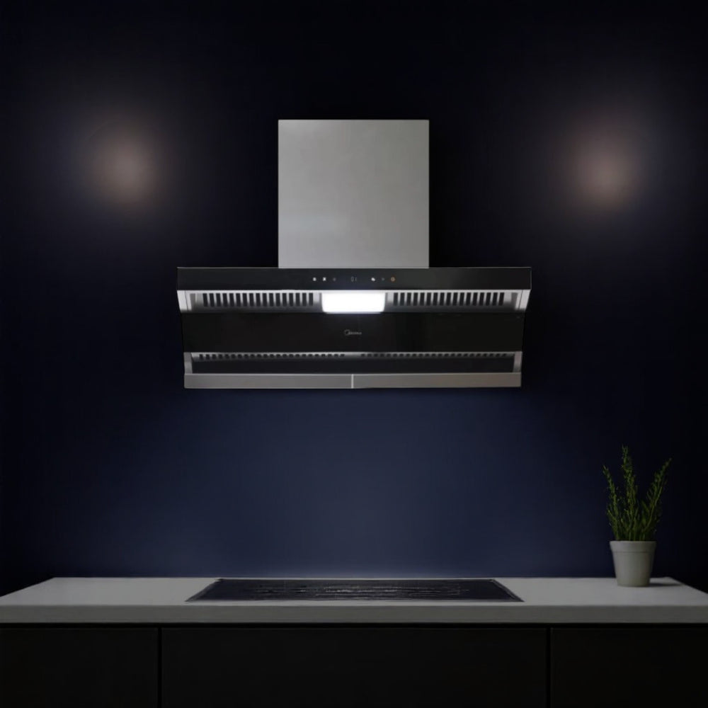 Midea CQ5 36-inch steam wash cooker hood in black, featuring a sleek design and touch controls. Available at Alphaeshop.