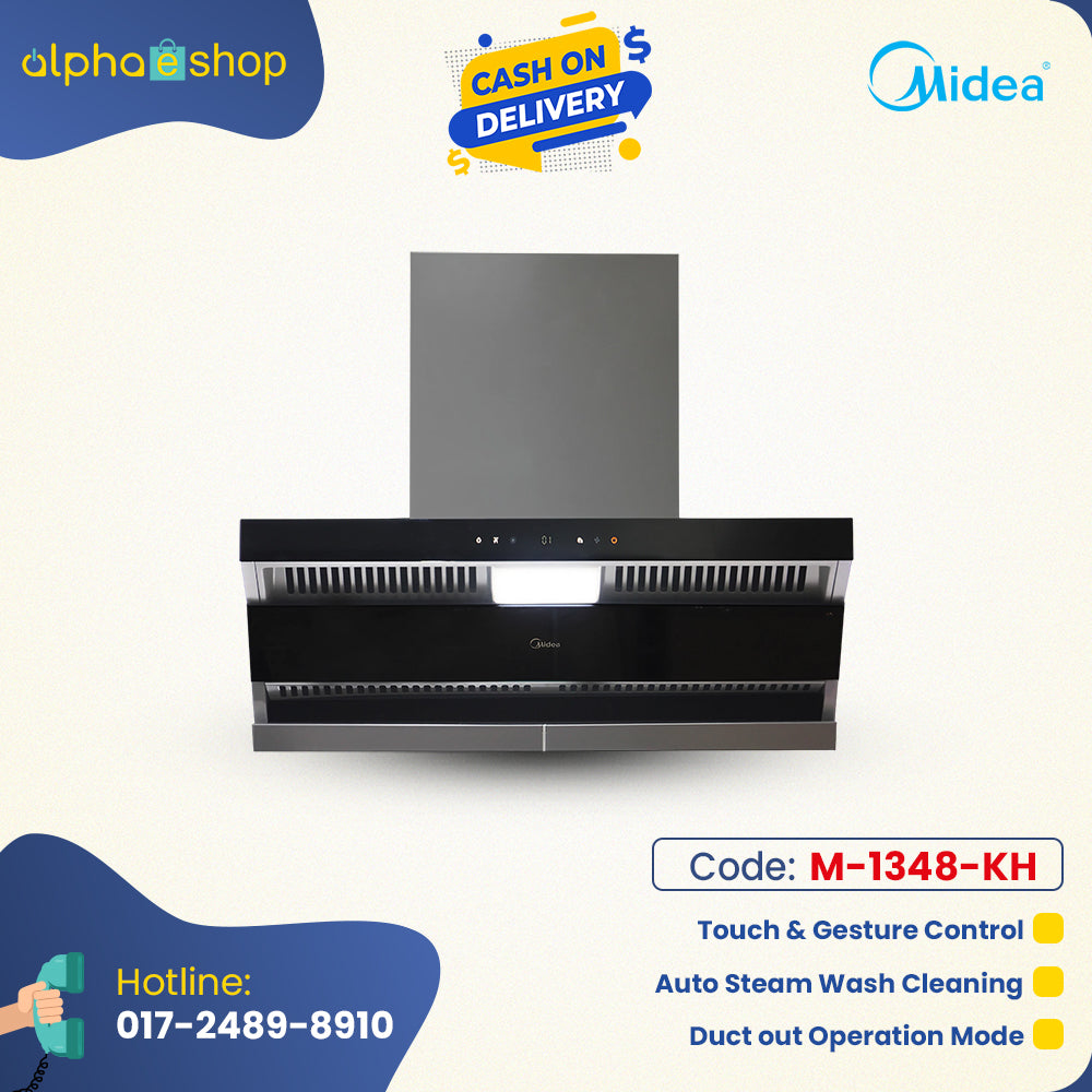 Midea CQ5 36-inch steam wash cooker hood in black, featuring touch and gesture control, auto steam wash cleaning, and duct out operation.