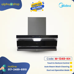 Midea CQ5 36-inch steam wash cooker hood in black, featuring touch and gesture control, auto steam wash cleaning, and duct out operation.