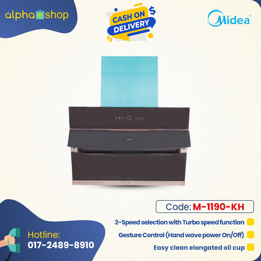 Midea CXW-240-B68 29-inch steam wash cooker hood in black, featuring gesture control, 2-speed selection with turbo function, and easy-clean oil cup.