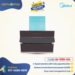 Midea CXW-240-B68 29-inch steam wash cooker hood in black, featuring gesture control, 2-speed selection with turbo function, and easy-clean oil cup.