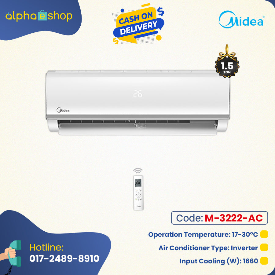 Midea Cooling 1.5 Ton inverter split AC promo banner featuring 17–30°C operation temperature, 1660W input cooling, and smart remote.