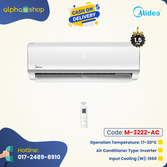 Midea Cooling 1.5 Ton inverter split AC promo banner featuring 17–30°C operation temperature, 1660W input cooling, and smart remote.