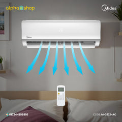 Midea MSI-18CRN 1.5 Ton inverter air conditioner in white with remote control and cooling airflow indicators.