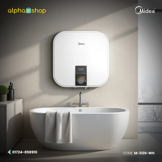 Midea D15-VI 15L white electric water heater with wall-mounted design and front temperature control, model M-3126-WH.