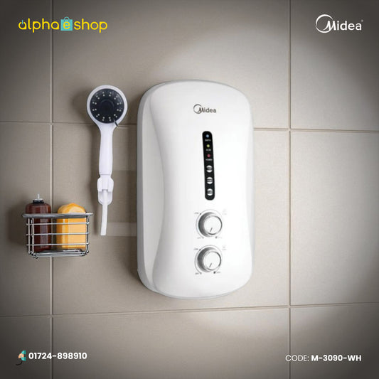 Midea DSK38P5-VI instant water heater with indicator panel, dual control knobs and handheld shower, model M-3090-WH.