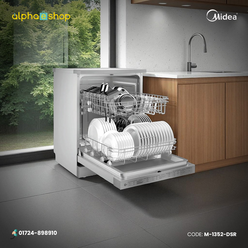 Midea 34-inch dishwasher in grey. Efficient home appliance for cleaning dishes, available at Alphaeshop.