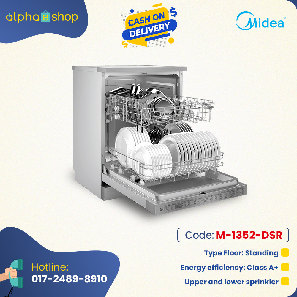 Midea 34-inch floor-standing dishwasher in grey, featuring A+ energy efficiency and upper/lower sprinkler system.