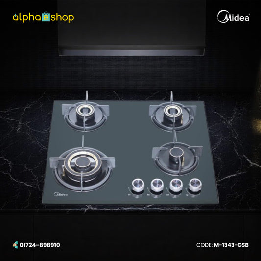 Midea Fuoco Forte 60GE503 24-inch gas burner in black with four burners and glass top. Available at Alphaeshop.