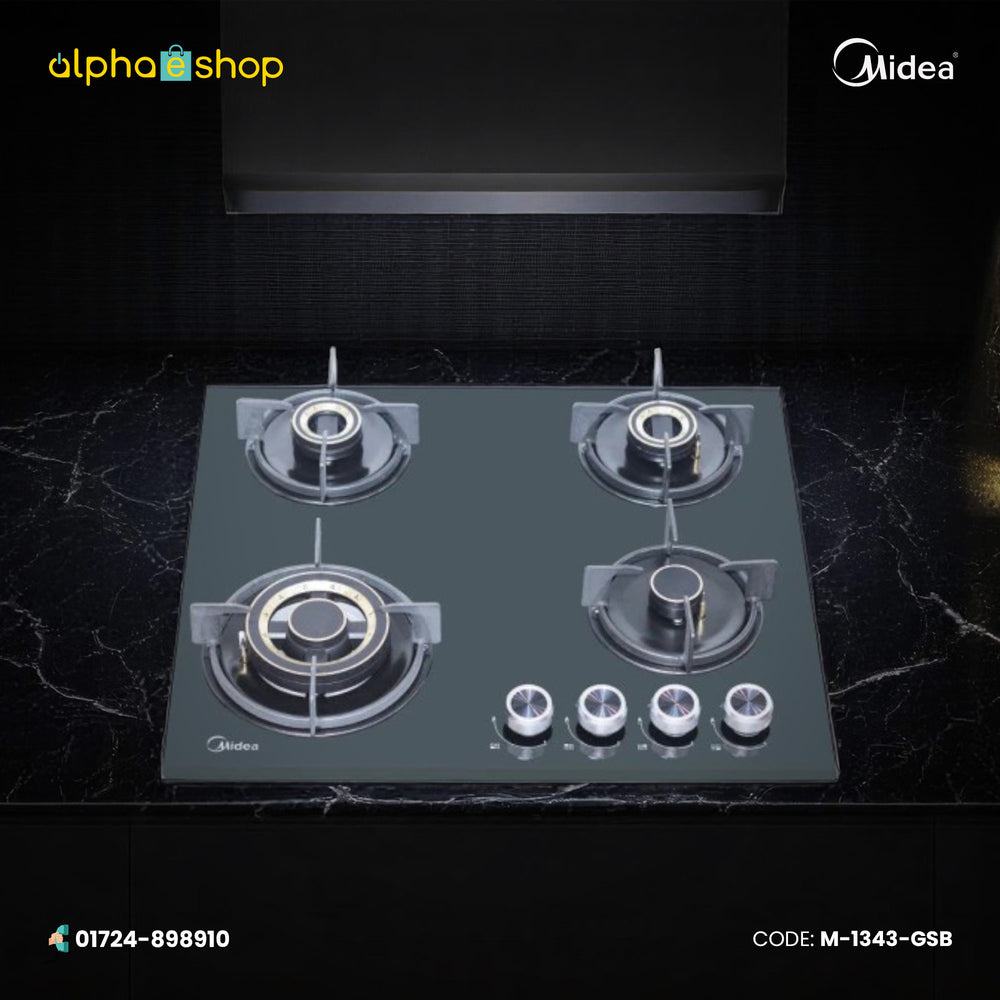 Midea Fuoco Forte 60GE503 24-inch gas burner in black with four burners and glass top. Available at Alphaeshop.