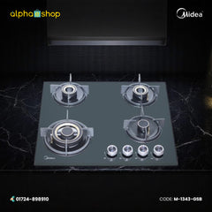 Midea Fuoco Forte 60GE503 24-inch gas burner in black with four burners and glass top. Available at Alphaeshop.