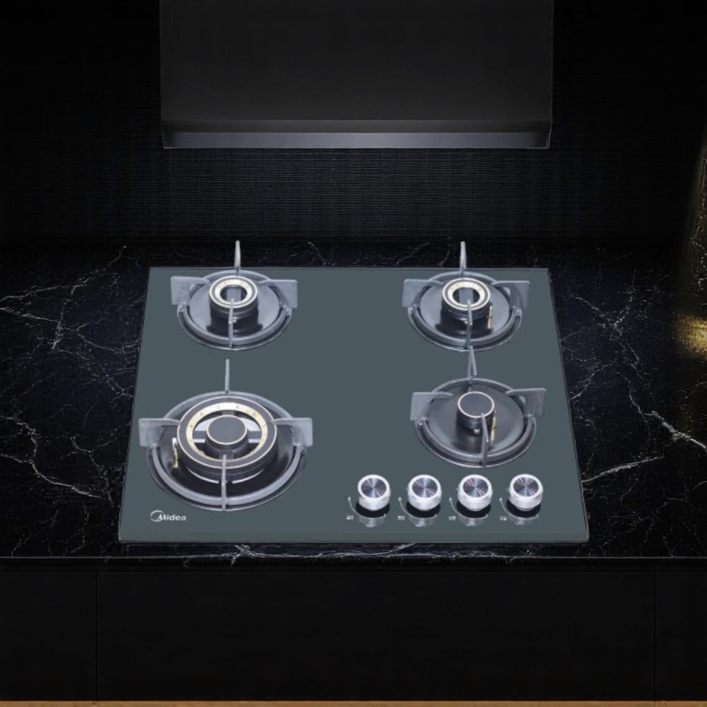 Midea Fuoco Forte 60GE503 24-inch four-burner gas stove in black finish. Available at Alphaeshop.
