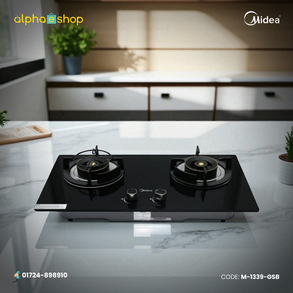 Midea MQ7230G 30-inch double gas burner in black finish. Available at Alphaeshop.