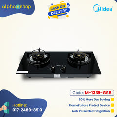 Midea MQ7230G 30-inch double gas burner in black, featuring auto electric ignition, flame failure protection, and 60% gas savings. Available at Alphaeshop.