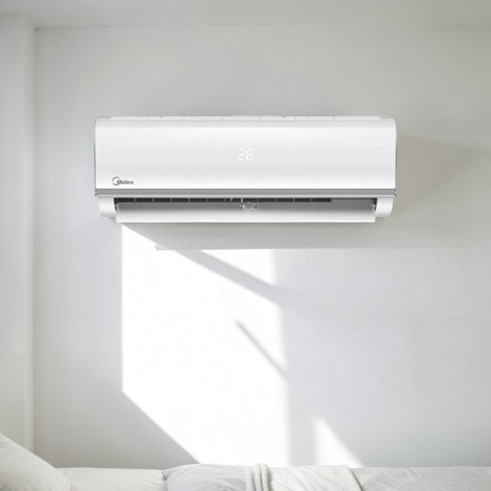 Midea MSA-18CRN 1.5 Ton non-inverter wall type split air conditioner in white with digital display.