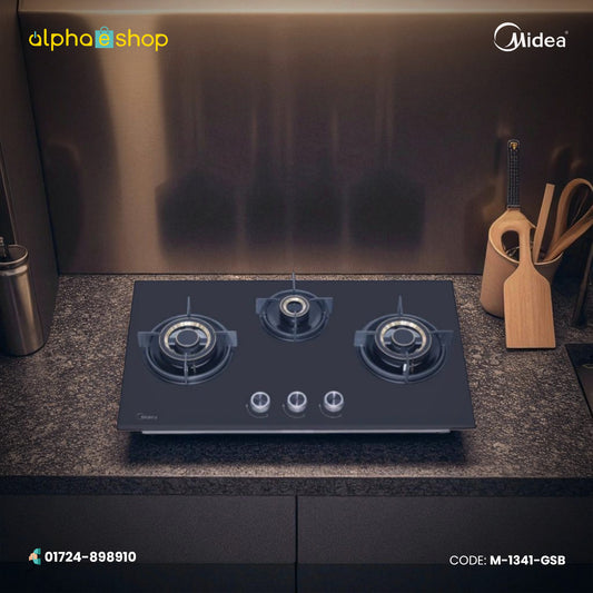 Midea Maesta 75GT503 31-inch triple-burner gas stove in black finish. Available at Alphaeshop.