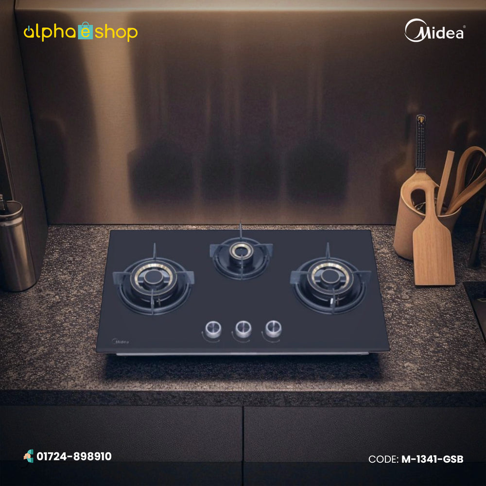 Midea Maesta 75GT503 31-inch triple-burner gas stove in black finish. Available at Alphaeshop.