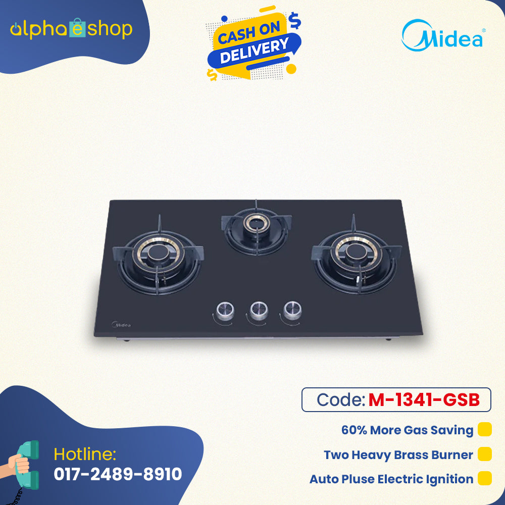 Midea Maesta 75GT503 31-inch triple gas burner in black, featuring heavy brass burners, auto electric ignition, and 60% gas savings. Available at Alphaeshop.