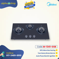 Midea Maesta 75GT503 31-inch triple gas burner in black, featuring heavy brass burners, auto electric ignition, and 60% gas savings. Available at Alphaeshop.