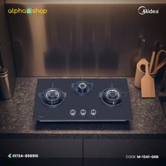 Midea Maesta 75GT503 31-inch triple-burner gas stove in black finish. Available at Alphaeshop.