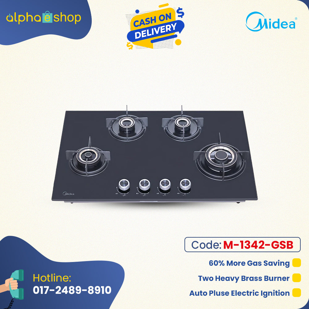 Midea Magnificus 80GF503 32-inch four-burner gas stove in black, featuring heavy brass burners, auto electric ignition, and 60% gas savings. Available at Alphaeshop.