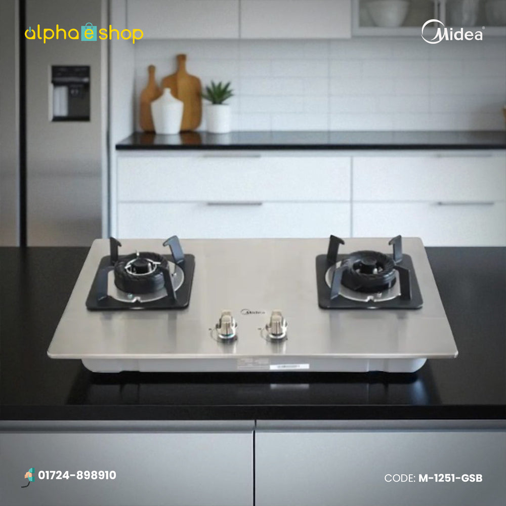 Midea Q216 28-inch double gas burner in silver finish. Available at Alphaeshop.