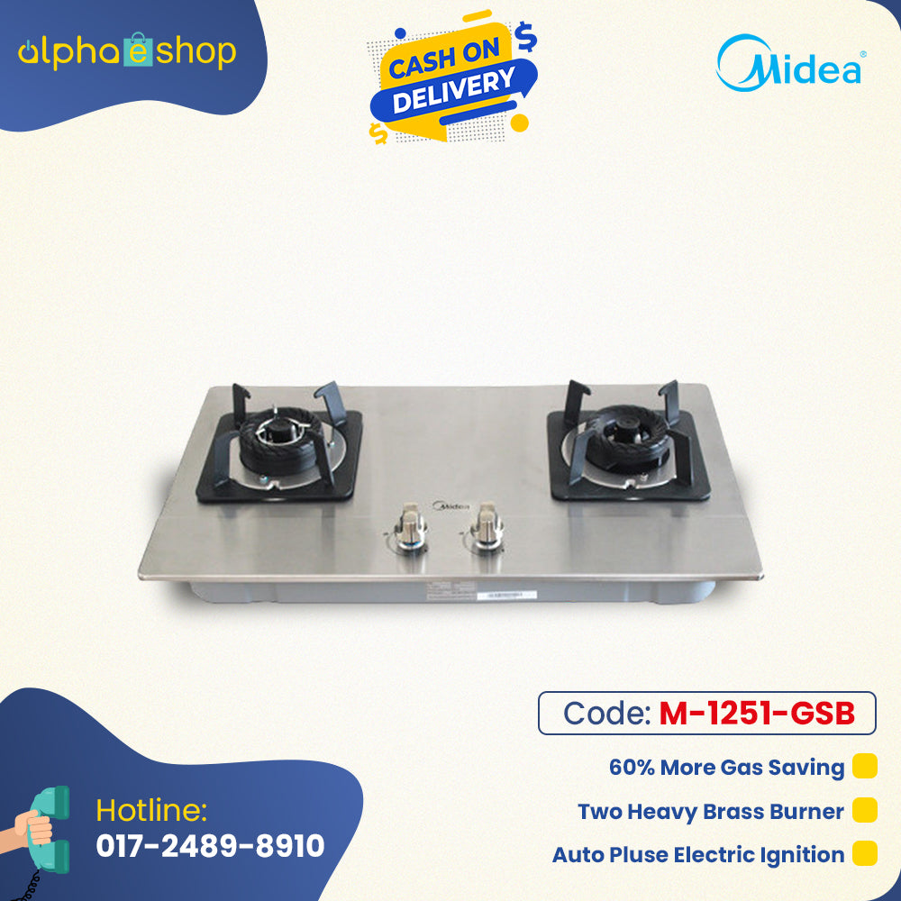 Midea Q216 28-inch double gas burner in silver, featuring two heavy brass burners, auto electric ignition, and 60% gas savings. Available at Alphaeshop.
