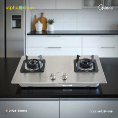 Midea Q216 28-inch double gas burner in silver finish. Available at Alphaeshop.