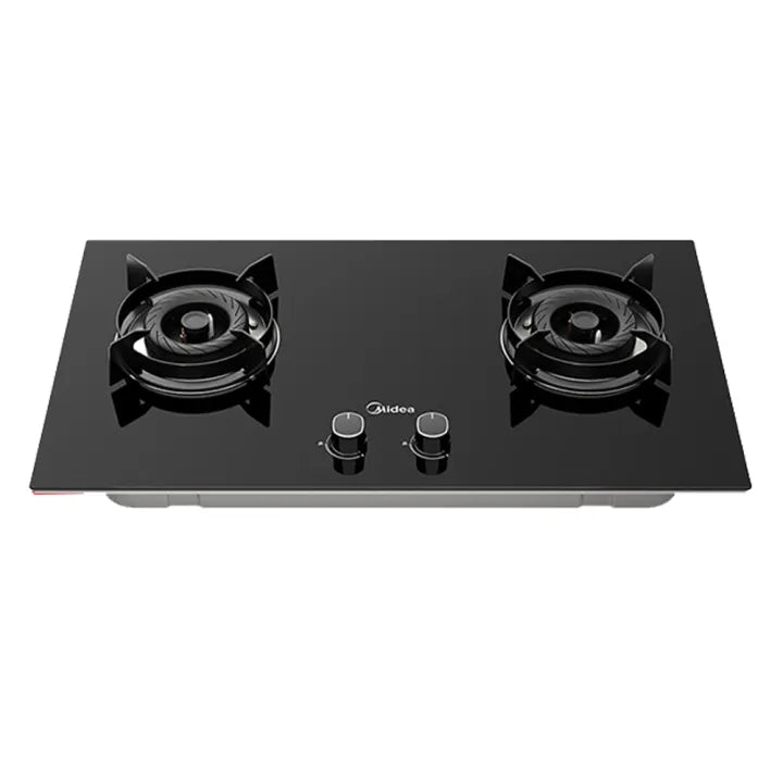 Midea Q57 30-inch black double gas burner with dual burners, glass top and two control knobs, model M-1340-GSB.