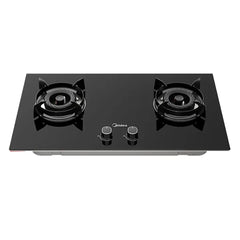 Midea Q57 30-inch black double gas burner with dual burners, glass top and two control knobs, model M-1340-GSB.