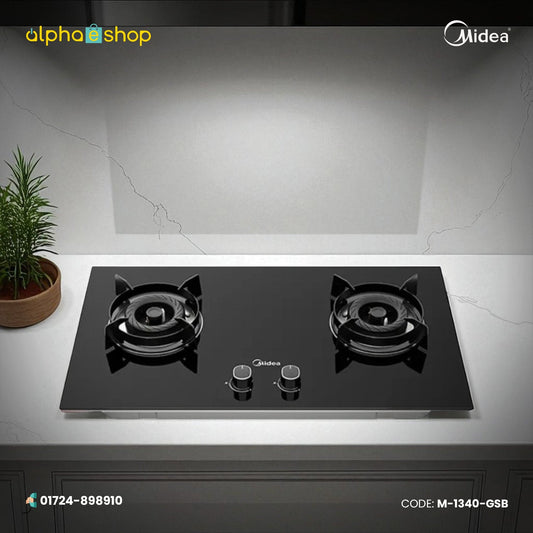 Midea Q57 30-inch double gas burner in black finish. Available at Alphaeshop.